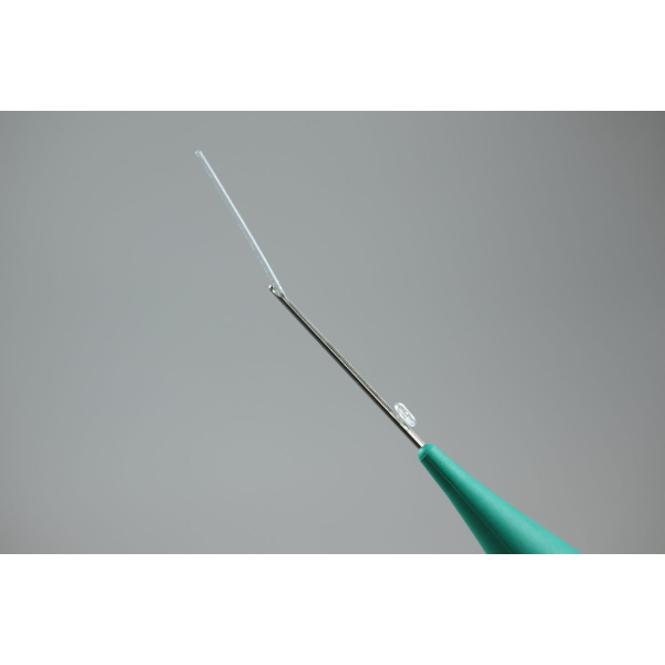 Close-up view of LacriJet monocanalicular stent with insertion device for minimally invasive lacrimal duct procedures.